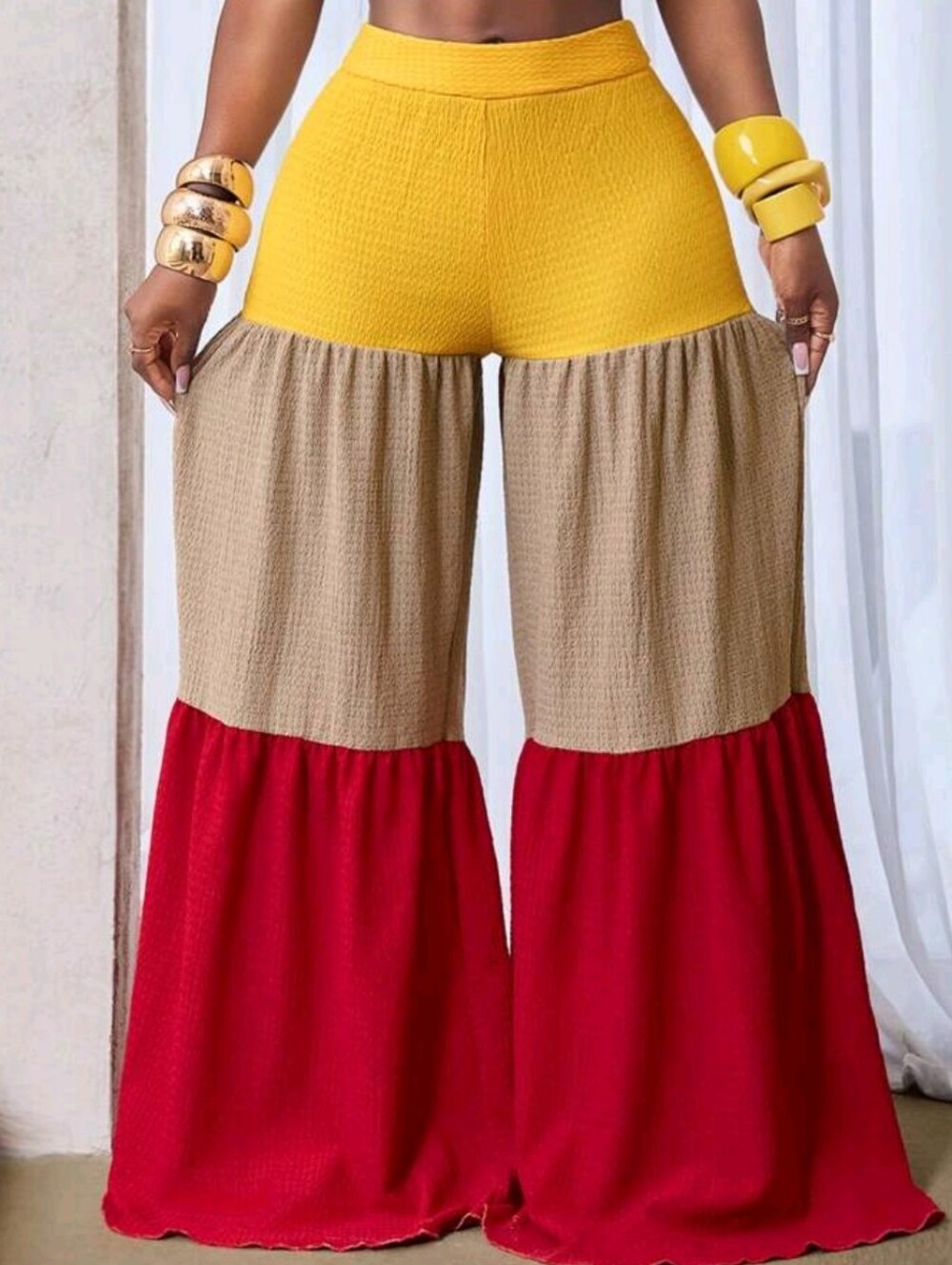 Colorblock Wide-Leg Tiered Jumpsuit Pants - Yellow, Tan & Red